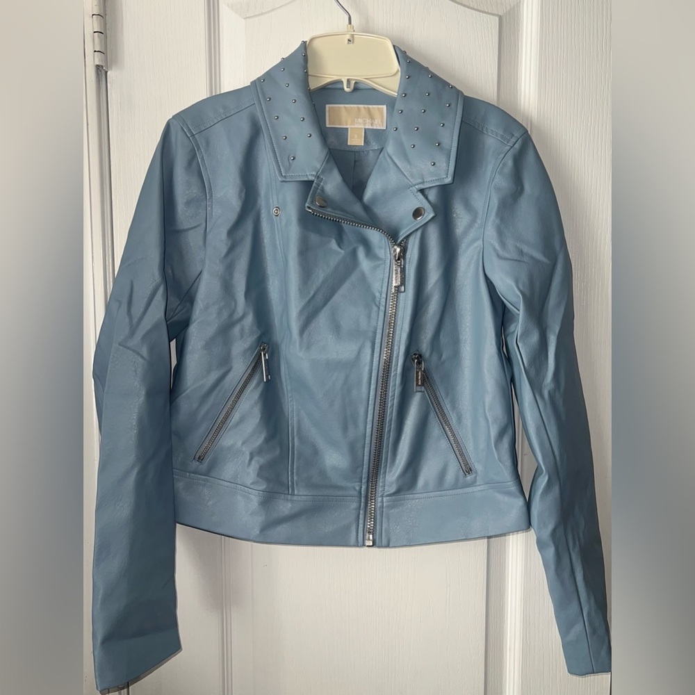 Michael Kors Light Blue Faux Leather Moto Jacket Zip Front Biker Style Size S - Picture 2 of 9